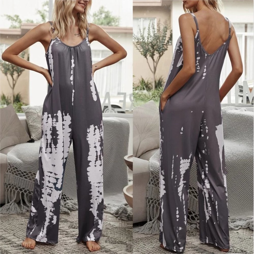 Boho gray Tie Dye Wide legged Pocket Jumpsuit -